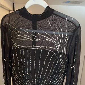 Black Long-Sleeve Mesh Dress with Silver Crystal Accents